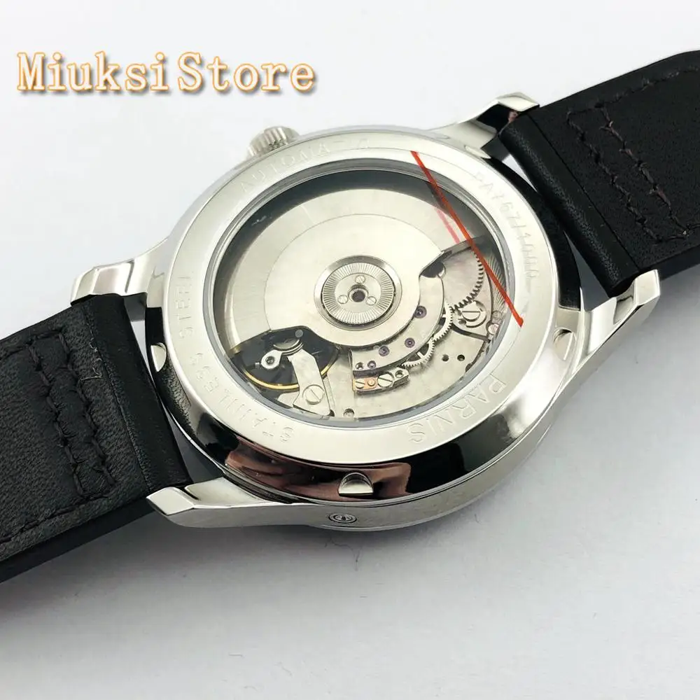 Parnis 43mm custodia in argento data sea gabbiano movimento riserva di carica cinturino in pelle top orologio meccanico automatico casual da uomo