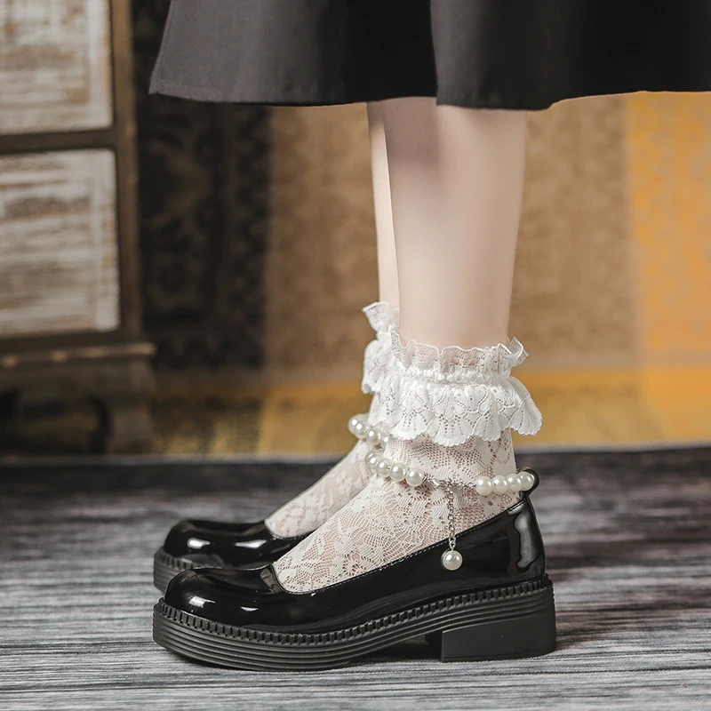 

Black White Pu JK Uniform Loli Shoes Women Summer Thin Lolita Round Head Japanese Pearl Jk Retro Mid Heel Mary Jane Anime Shoes