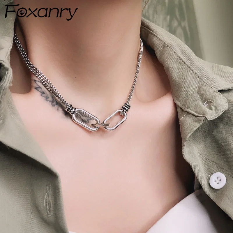 FOXANRY Silver Color Double Layer Chain Necklace New Fashion Hip Hop Vintage Couple Hollow Geometric Design Party Jewelry