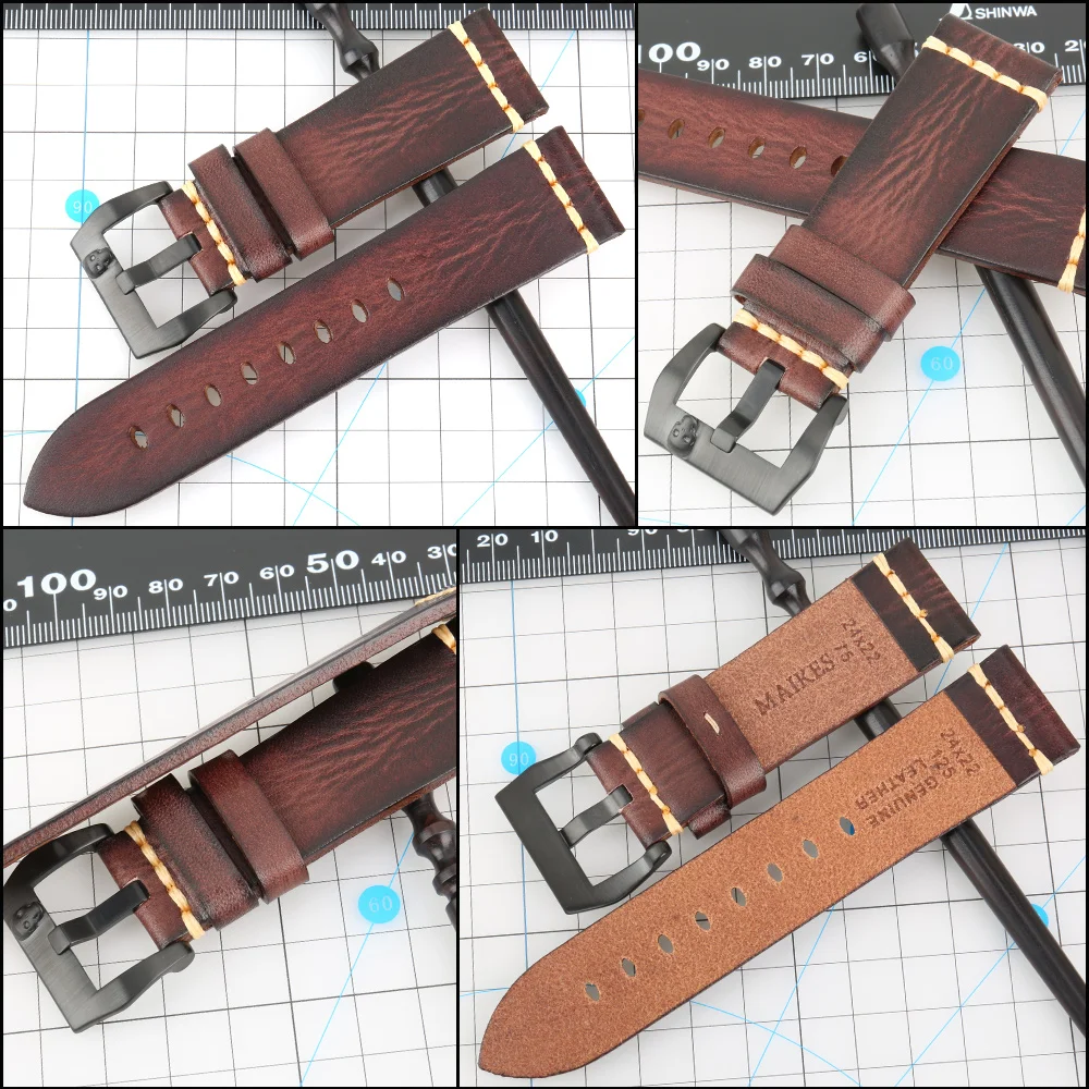 MAIKES Handmade Genuine Cow Leather Watch Band Vintage Blue Watchband Watch Bracelet 20mm 22mm 24mm Watch Strap