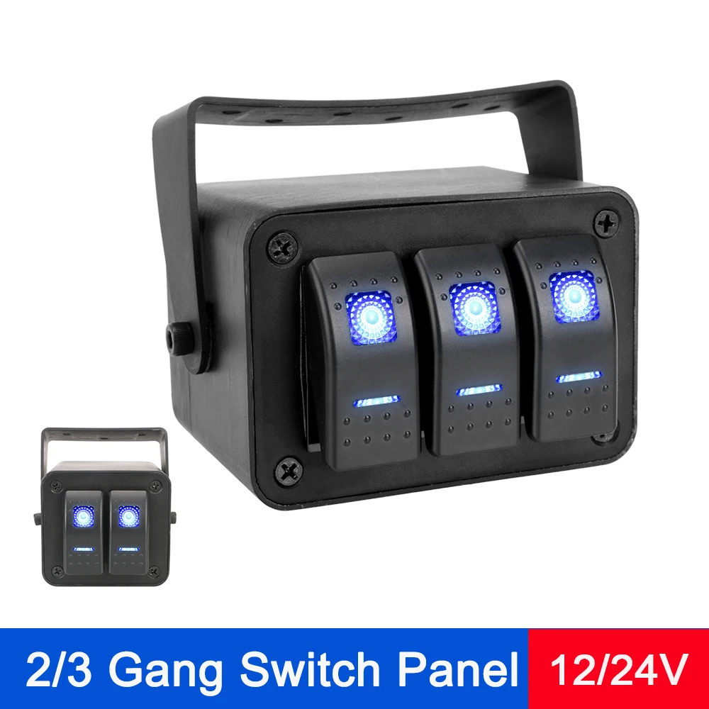 

2/3 Gang Rocker Switch Panel Waterproof With Bule LED Light Indicator 12-24V Rotate Case For Vehicles Caravan Truck Marine