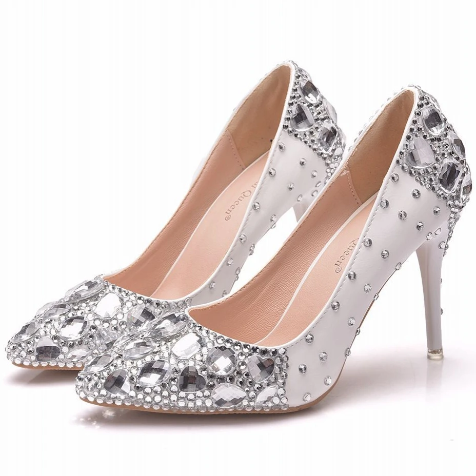 Zapatos de tacón alto y fino para mujer, calzado de boda con diamantes de imitación, cristales brillantes, blanco, talla grande, H0121