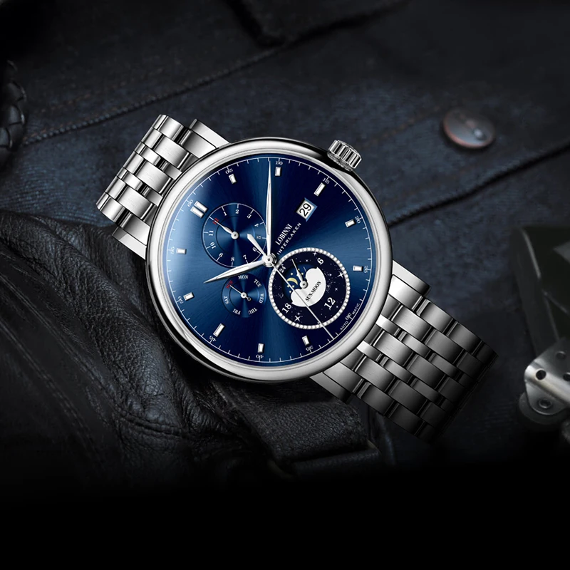 LOBINNI Moon Phase Seagull Movement Rose Gold Case Stainless Steel Strap Men Watch Luxury Automatic Self Wind Mechanical Watch