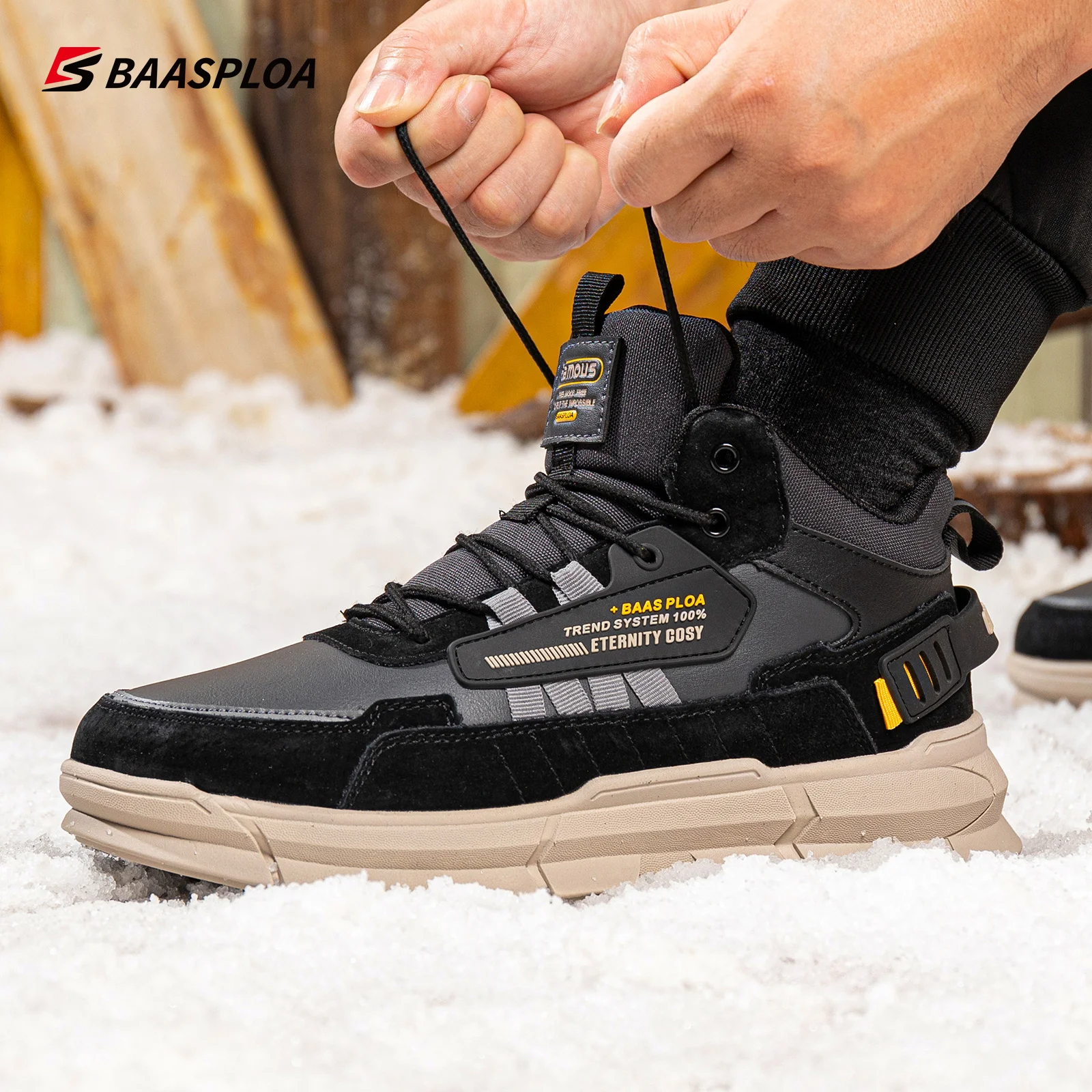 Baasploa Winter Men Leather Comfortable Cotton Shoes Waterproof Warm Outdoor Sneakers Non-slip Wear-resistant  Walking shoes