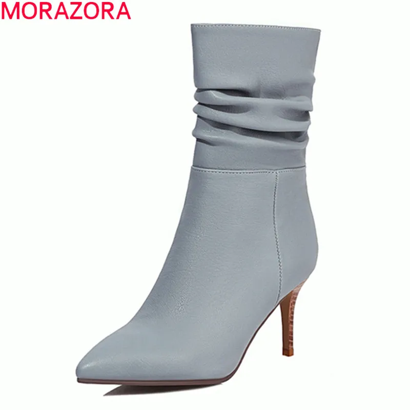 MORAZORA-Botas de tacón alto de aguja para mujer, zapatos plisados de punta estrecha, botines de color sólido, otoño e invierno, 2022