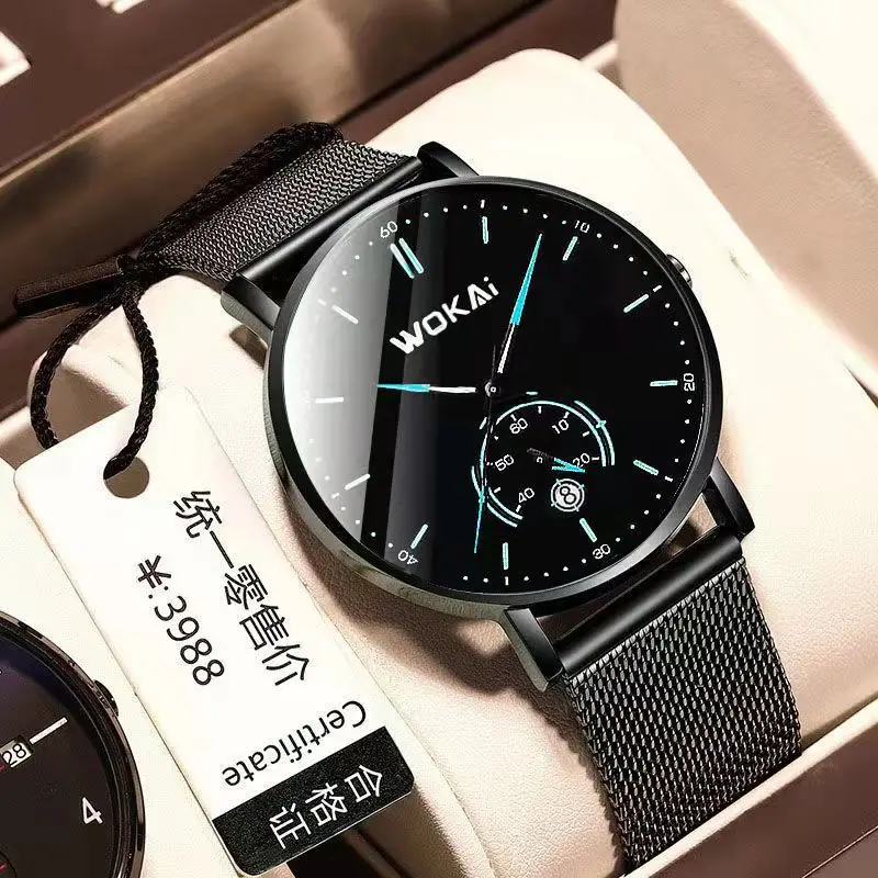 Reloj WOKAI de malla de acero inoxidable para hombre con calendario de moda ultrafino, reloj luminoso resistente al agua para deportes de ocio y negocios para hombre