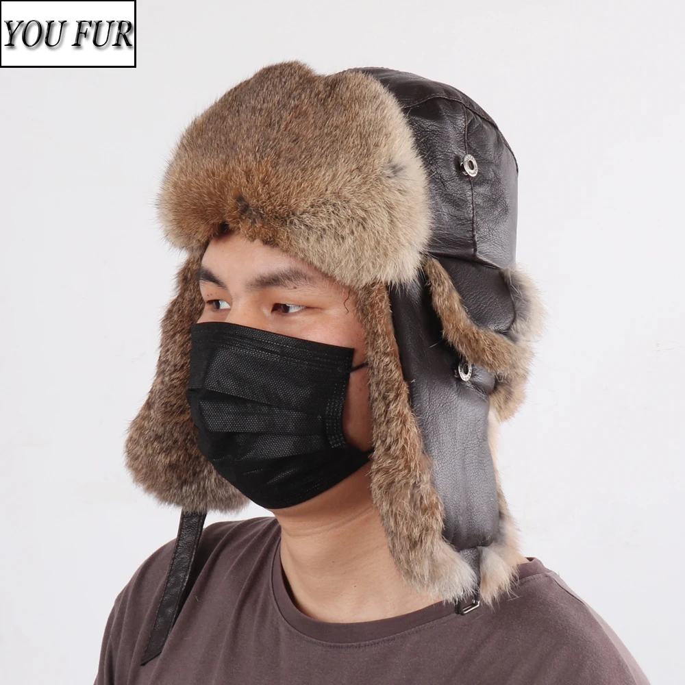 

Russia Winter Hat Men 100% Natural Rabbit Fur Bomber Hats Outdoor Windproof Super Warm Genuine Real Sheepskin Leather Rabbit Cap