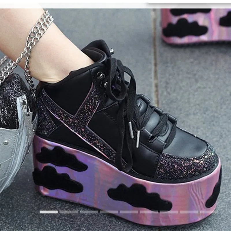 Colorful clouds Platform Shoes For Woman Punk Style Lace-up High Heel Wedges Shoes Sweet Women Ankle Boots For Mujer Shoes 2024