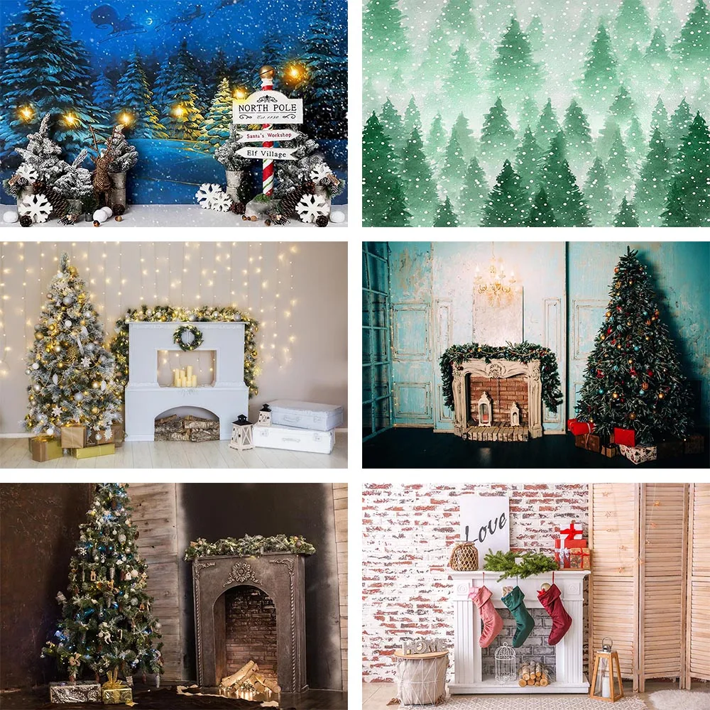 Mehofond Winter Christmas Photography Background Tree Fireplace Snowflake Wood Door Baby Shower Decor Backdrop Photo Studio Prop