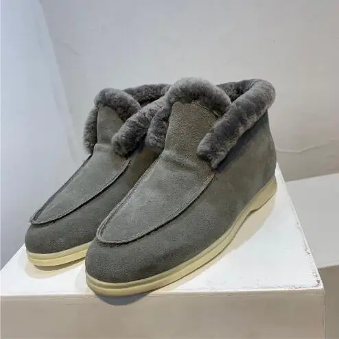

Winter Hot Woman Gray Brown Black Warming Slip On Wool Snow Boots Round Toe Flat Leisure Ankle Booties Shoes Plus Size 45