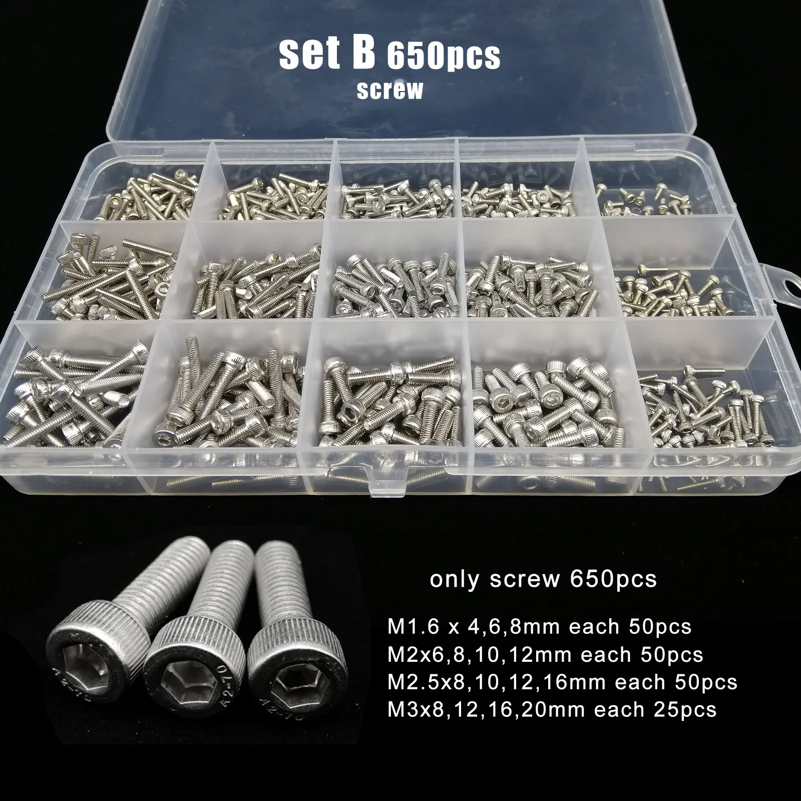 Totaal 400/650/1140/2100X M1.6 M2 M2.5 M3 M4 M5 304 roestvrij staal zeskant zeskant dop hoofd schroef bout moer set assortiment kit - afbeelding 1
