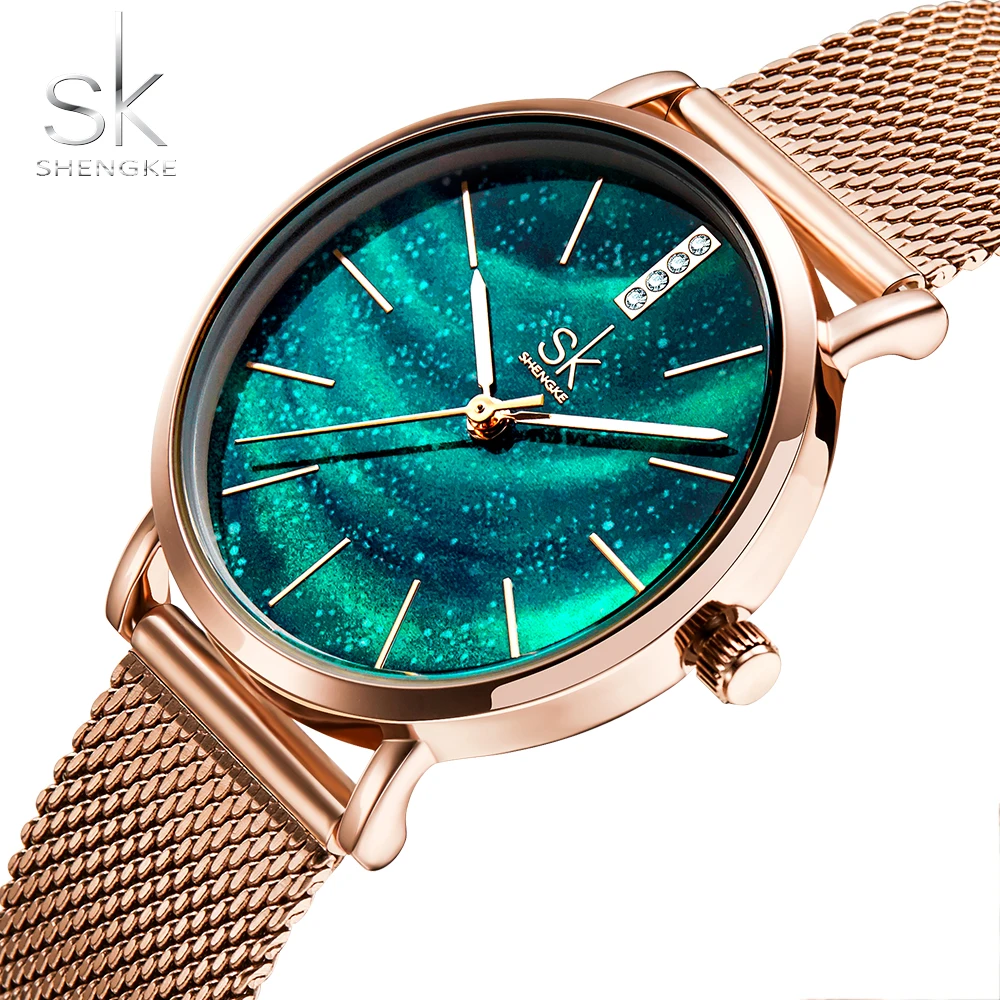 Shengke Frauen Uhren Starry Grün Zifferblatt Mesh Band Damen Armbanduhr Ultra-dünne Edelstahl Band Quarz Montre Femme Geschenk