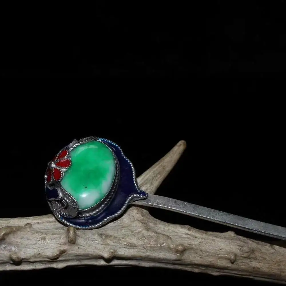 Exquisite Chinese Ancient Jade inlaid cloisonne filigree pure white copper hairpin