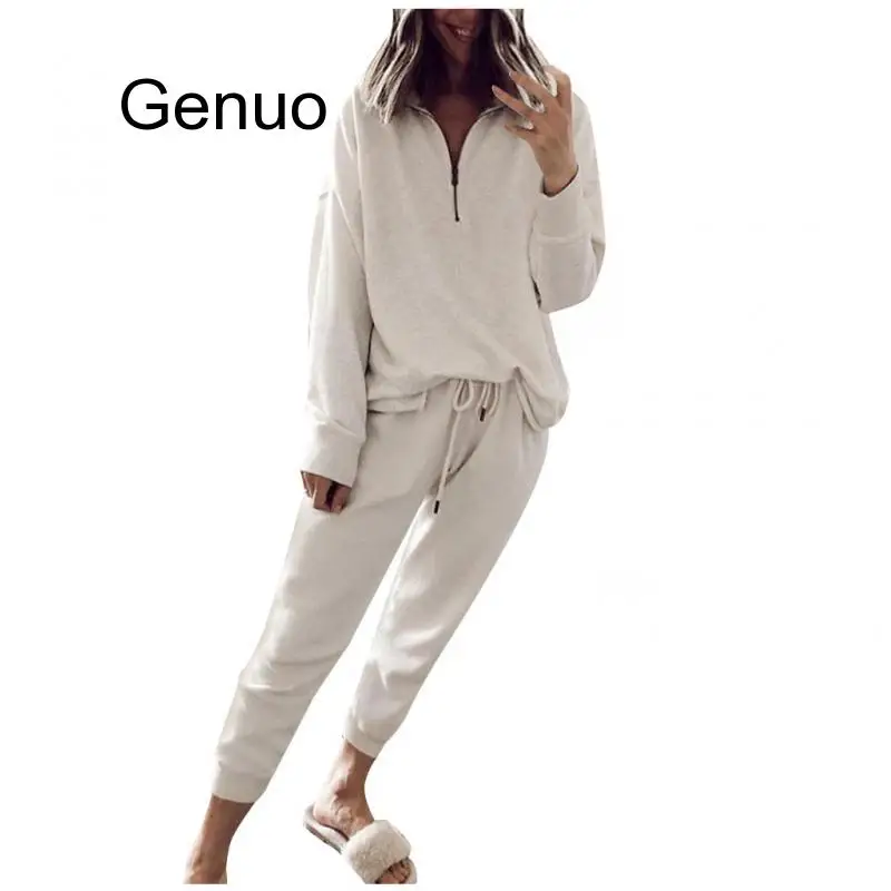

Summer Two Piece Set Women Spring Home Clothes Solid Color Zipper Top Casual Drawstring Trousers Two-piece Suit Women Sets