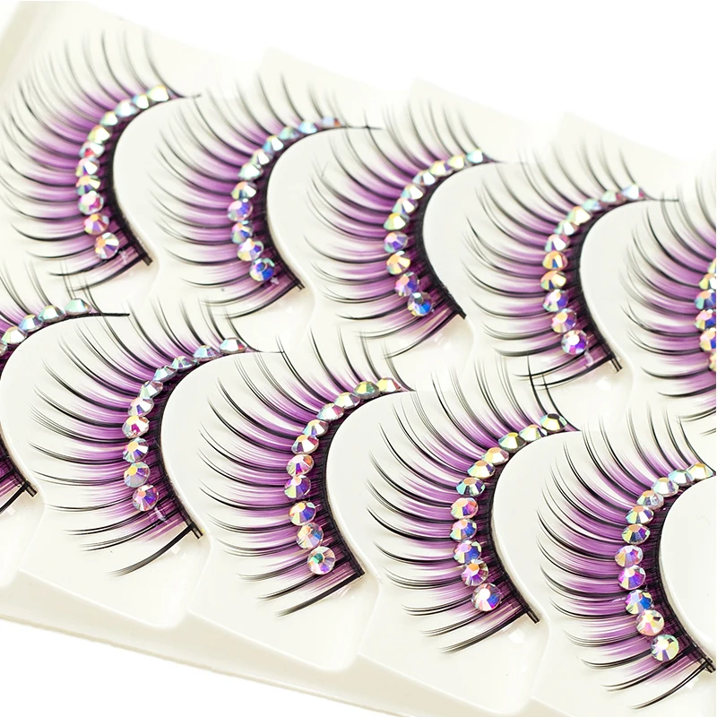 5 Pairs Purple False Eyelashes With Diamond Set Long Thick For Catwalk Performance Latin Dance Bushy Eye Lashes Pack