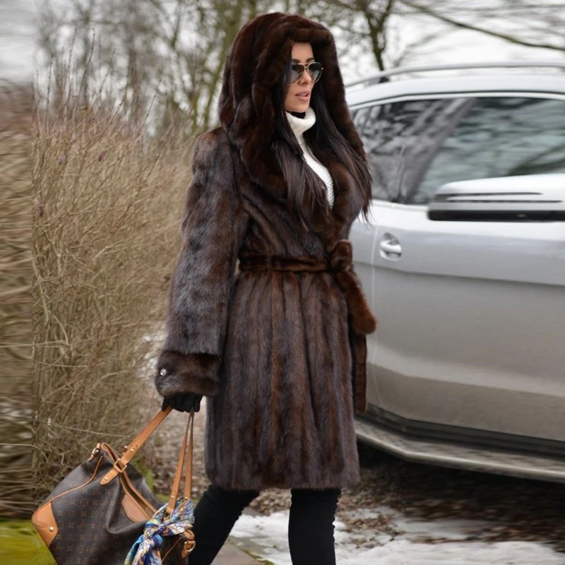 BFFUR Women Real Mink Fur Coats With Hood Natural Full Pelt Genuine Mink Fur Coat Fur Belts Luxury Dark Brown Fur Overcoats