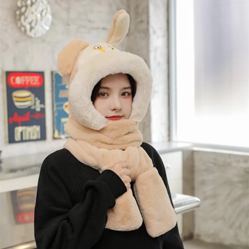 Chapeau de lapin avec oreilles mobiles pour femme, jouet de dessin animé mignon, écharpe amusante, bonnet en peluche de lapin, cadeau d'anniversaire, hiver, 3 en 1