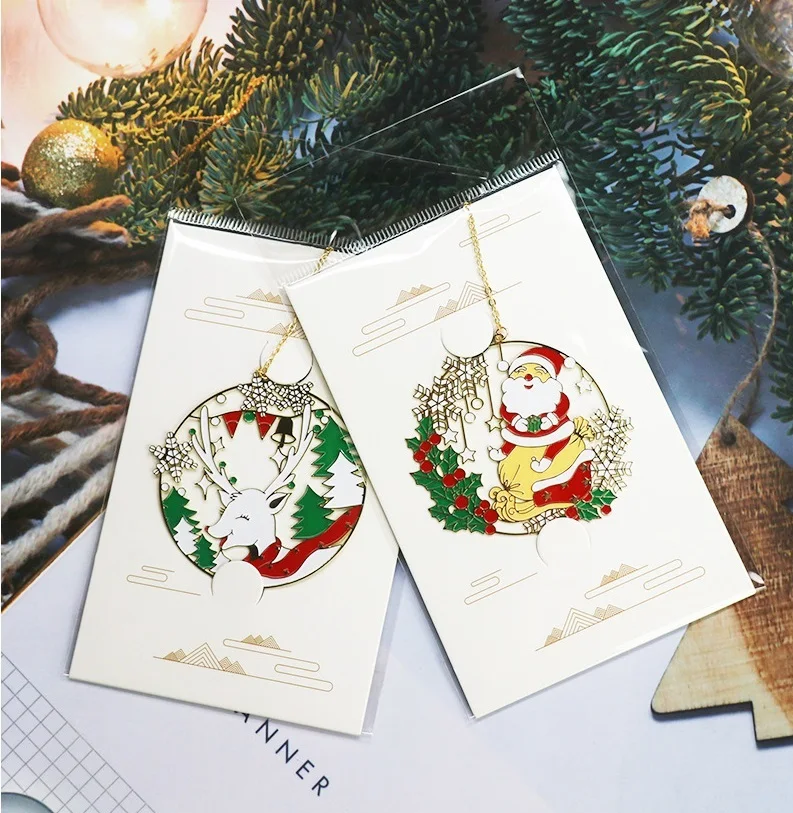 2 PCS Santa Claus Reindeer Brass Metal Bookmark Art Design Originality Stationery School Office Support Bookmarks Christmas Gift