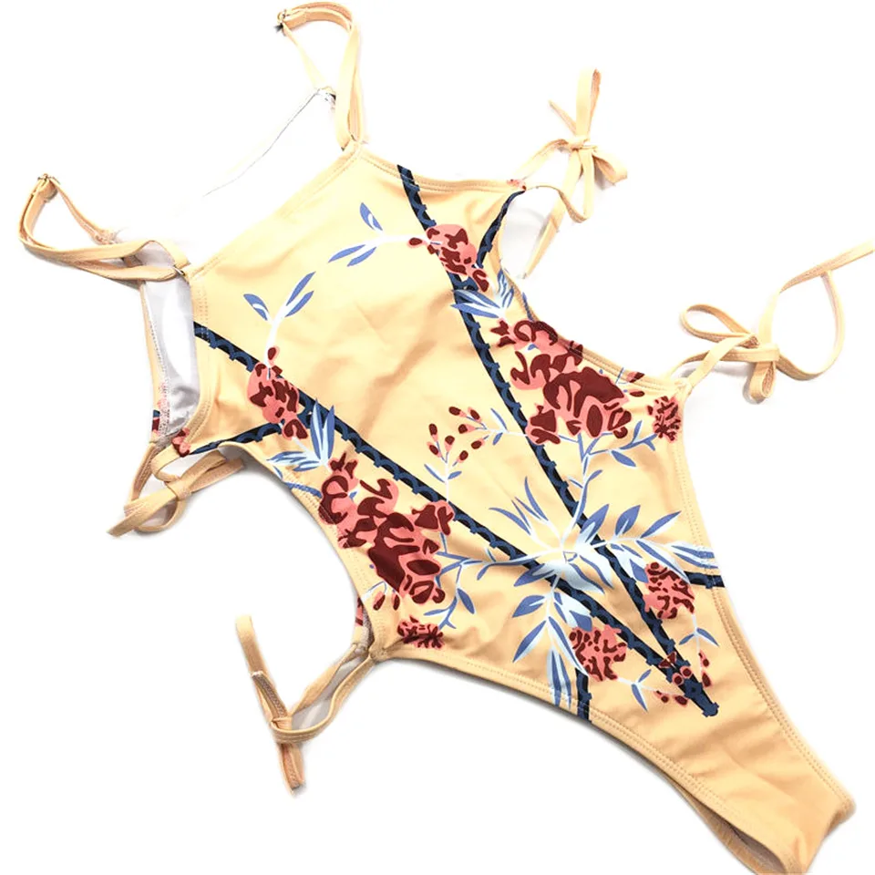 Tie Side Monokini Sexy One Piece Swimsuit Floral Swimwear Yellow Bathing Suit Swimming Suit for Women Trikini Maillot De Bain