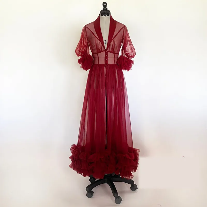 Women's Burgundy Photography Dress Robe Sexy Nightgown Ruffles Sleepwear Lace Tulle Long Bathrobe Pajamas Prom Bridesmaid Shawel