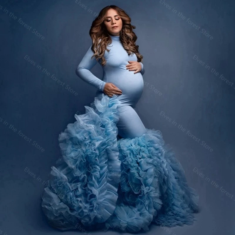 Sky Blue Mermaid Maternity Dress for Photo shoot Arabic Muslim African Women Maternity Gowns Ruffled Sweep Train Pregnancy Gown