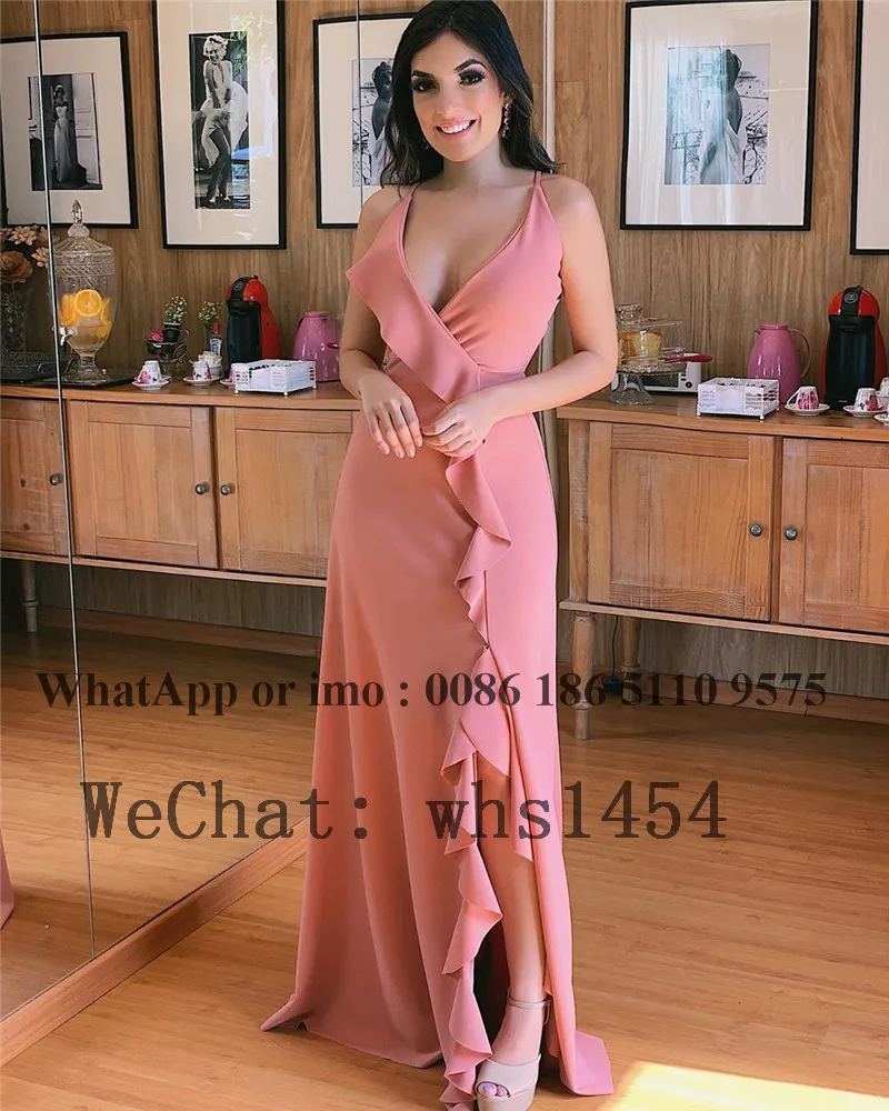 Mcullyd – robe de soirée de forme trapèze, tenue de soirée longue, Sexy, col en v, fente latérale, couleur pêche, Satin, modèle de luxe, 2023