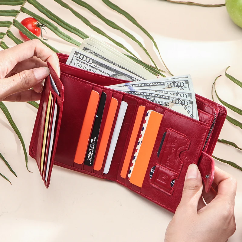 Contact\'S Genuine Leather Wallets Women Men Wallet Short Small RFID Blocking Card Holder Wallets Ladies Red Coin Purse