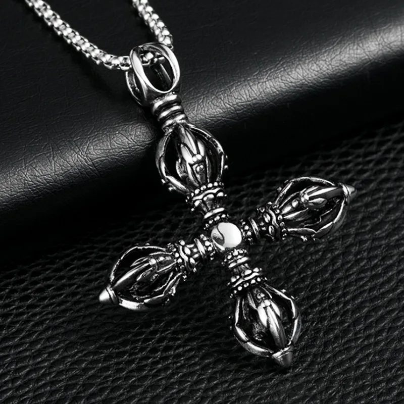 Punk Stainless Steel Mantra Vajra Jiang Mochu Pendant Necklace for Men Buddhist jewelry