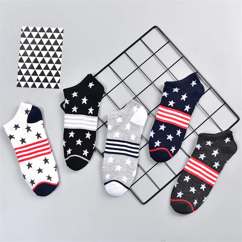 5 Pairs Europe Summer Latest Design Men White Boat Socks High Quality Cotton Business Striped Navy White Star Adult Short Socks