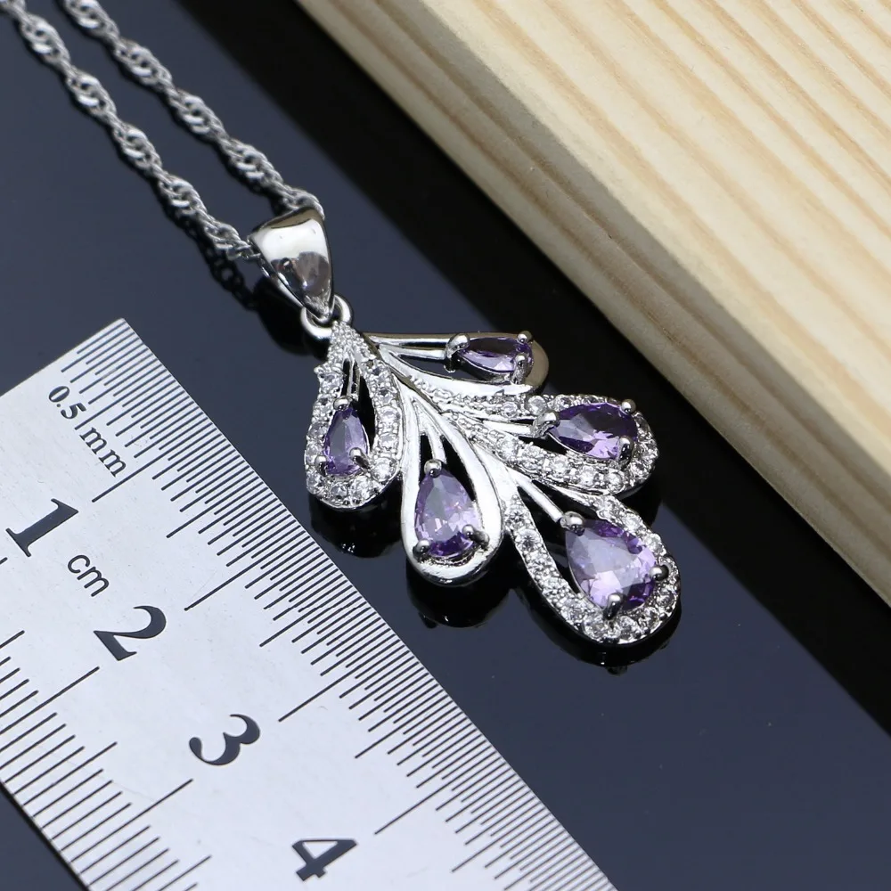 Natural 925 Silver Bridal Jewelry Sets Purple CZ Costume Jewelry Kits For Women Earrings/Pendant/Rings/Bracelet/Necklace Set