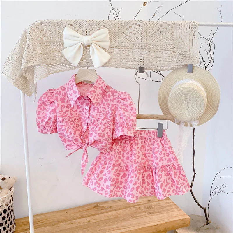 Summer Girls Clothes Suit 2022 Spring Fashion Casual New Girls Pink Leopard Print High Waist Top +Skirt Children\'S Clothing Sets