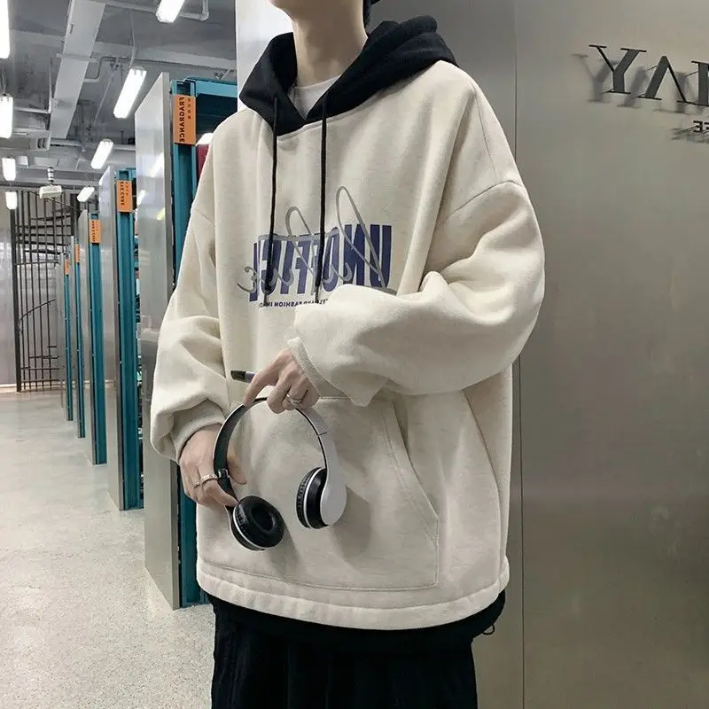 

Thick fake two-piece hoodies men women autumn winter plus velvet Korean hooded jacket unisex hip hop trendy letter sweatshirts