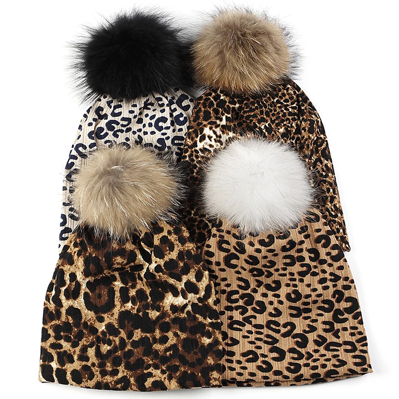 Women Casual Beanie Caps Autumn Winter Warm Beanies Female Fashion New Skullies Hats Leopard Print With Real Raccoon Fur Pompom