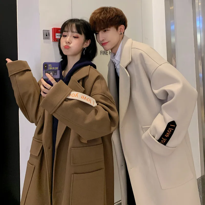 2021 winter woolen coat coat male and female lovers Korean retro mid - long loose casual versatile windbreaker