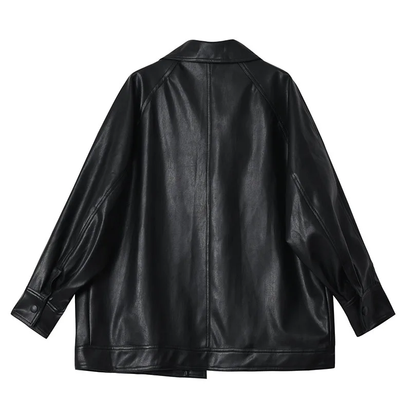 Mid-length Loose Vintage Black Big Pocket Faux Leather Coat With Belt Spring Autumn 2024 Women Casual Biker Jacket Veste Femme