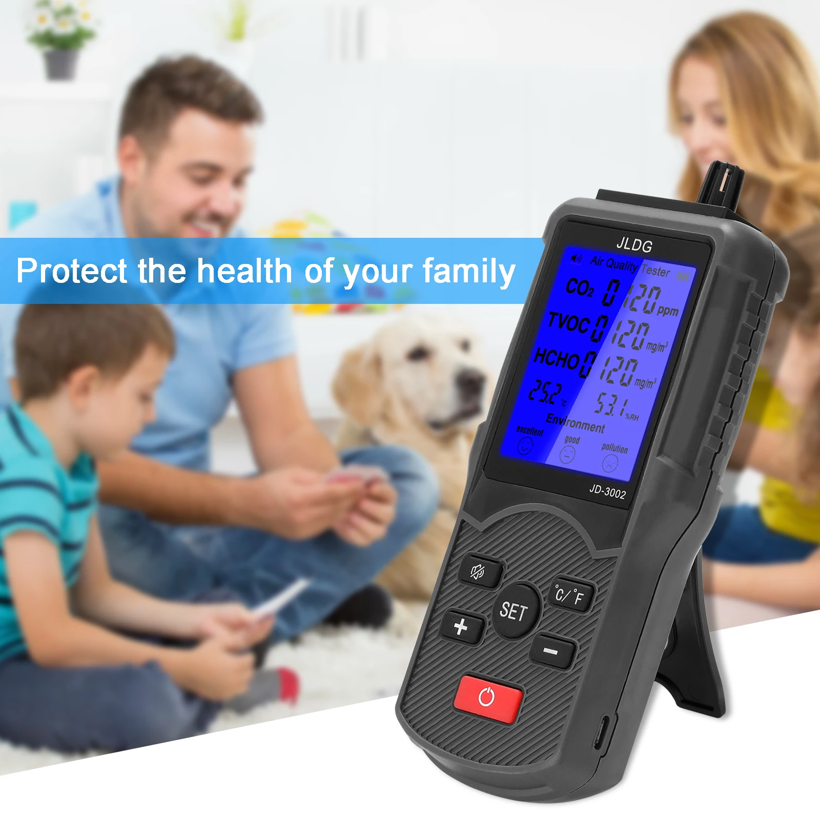 JD-3002 8 in 1 Multifunctional Air Quality Tester CO2 TVOC Meter Temperature Humidity Measuring Device USB Rechargeable Monitor