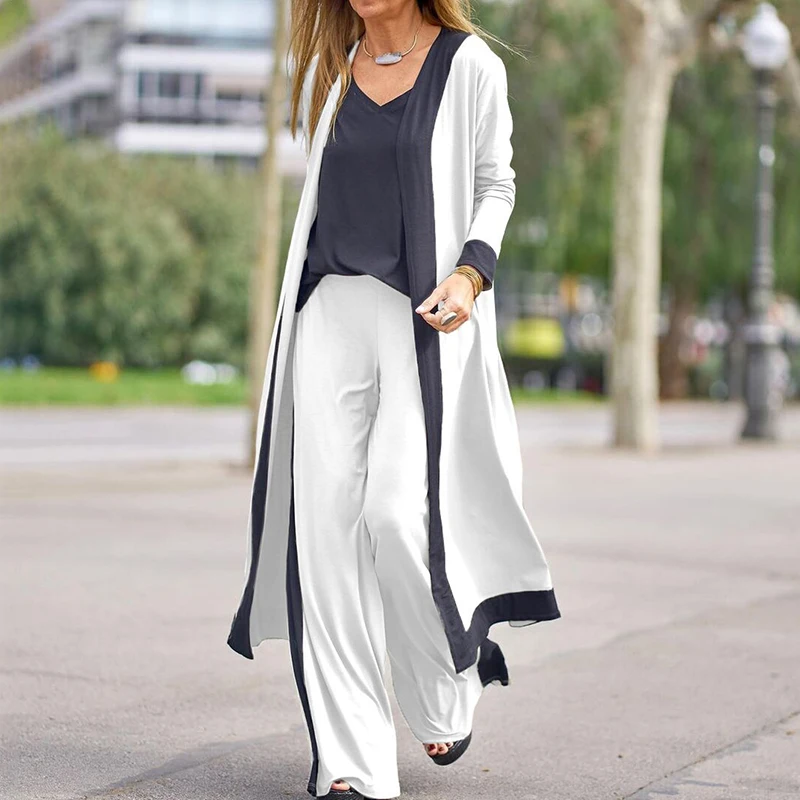 Casual Women Long Cardigan & Sling Tops & Loose Pants Sets Elegant Patchwork Lady Outfits Suits Fashion Femme 3Pc Sets Steetwear