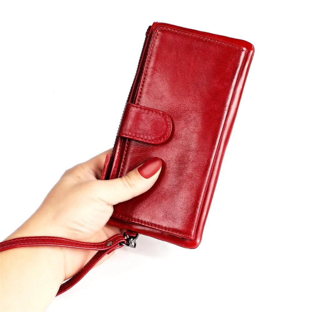 RETROGOO Oil Wax Leather Women Long Wallet Red Female Purse Multifunction Wallets For Ladies Clutch Money Bag Girls Carteira