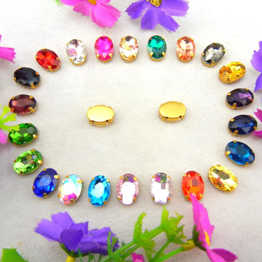 Glas-Kristall-Goldkrallenfassungen, 7 Größen, verschiedene Farben gemischt, ovale Form, aufnähbare Strassperlen für Kleidung, Schuhe, Accessoires – Detail 2