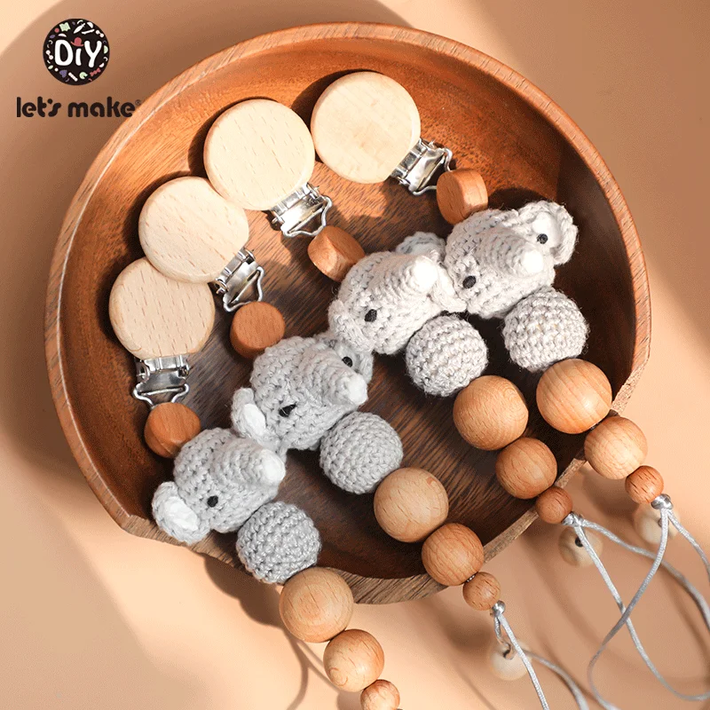 Let\'s Make Baby Pacifier 1PC Pacifier Chain Elephant Wooden Clip Geometric Crochet Beads Bag Wood Teether Tiny Rod Dummy Clips