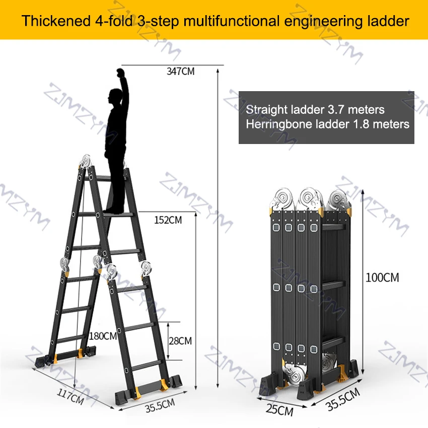 Multi-zweck Klapp Leiter Aluminium Legierung Teleskop Leiter Engineerin Fischgräten Leiter Verdicken 4mm Gerade Leiter 3,7 m
