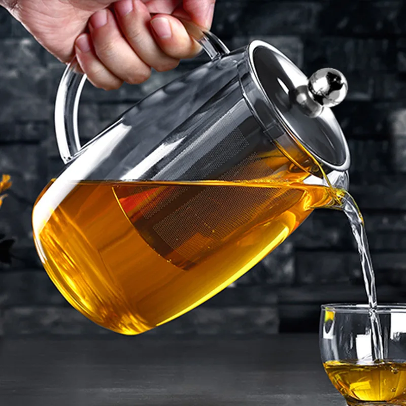 

1200ML Thickened heat-resistant large-capacity glass cup pot Transparent stainless steel filter teapot Flower tea set kettle