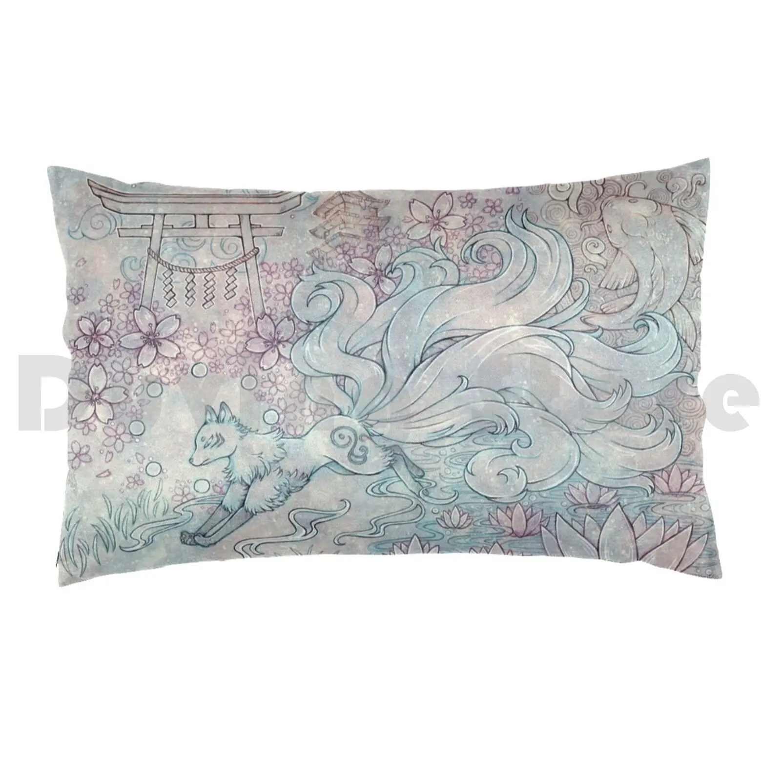 Fox With Shinto Shrine Pillow Case Printed 35x50 Fox Ninetail Nine Tail Ninetails Nine Tails