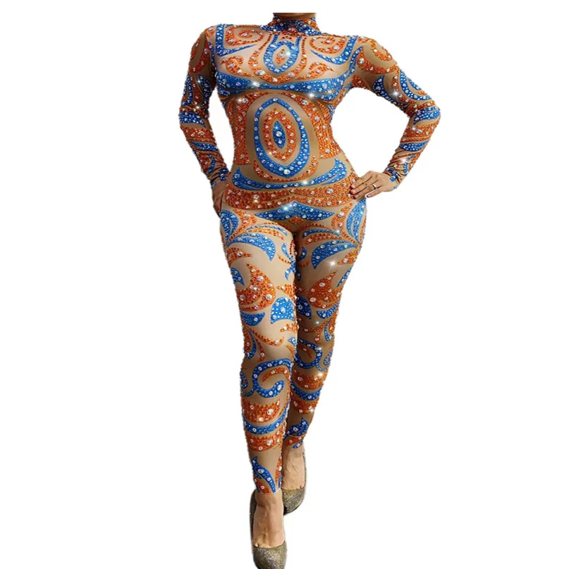 Sparkly women stage show jumpsuit Sexy Rhinestones Orange party dress singer club dance wear dj gogo women costume