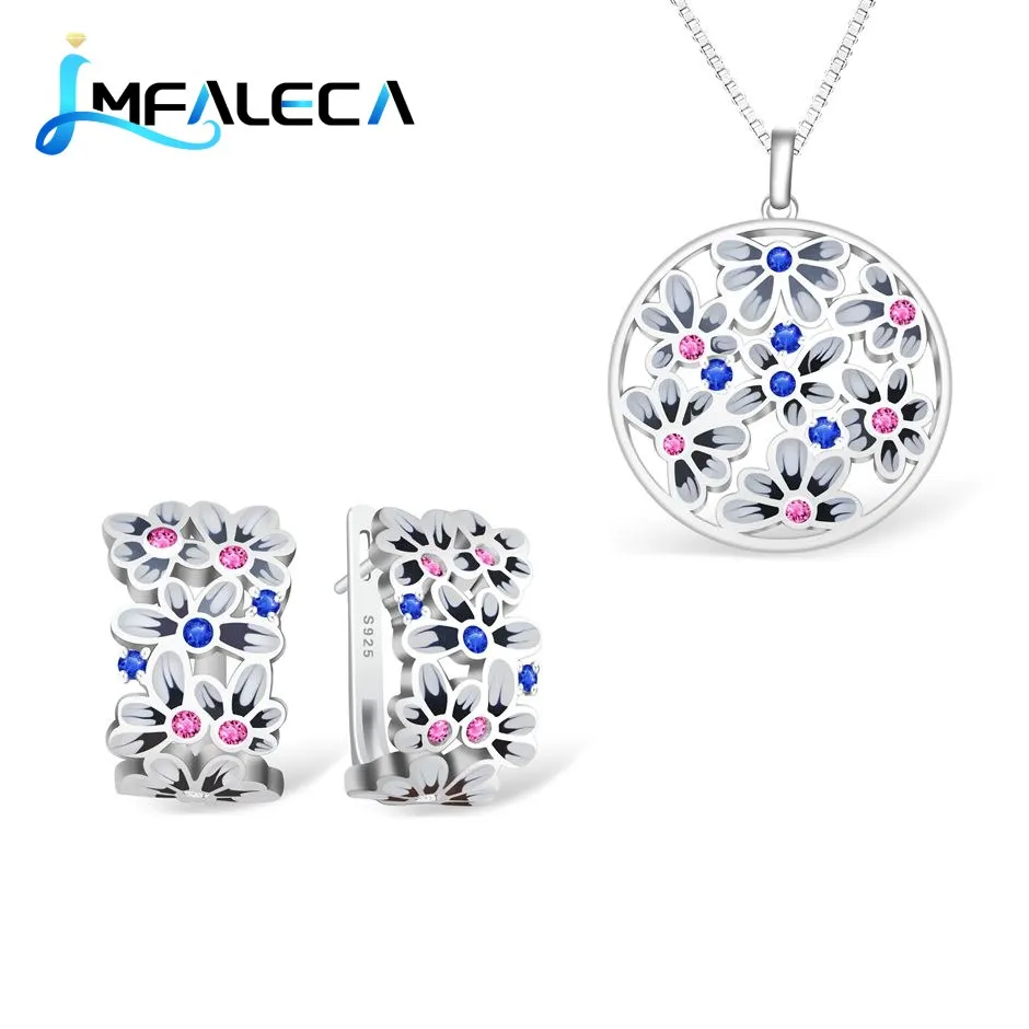 

LMFALECA Blue Sapphire Ruby Necklace Earring Jewelry Set Women 925 Sterling Silver Clip Earring Enamel Fine Jewelry Dropshipping