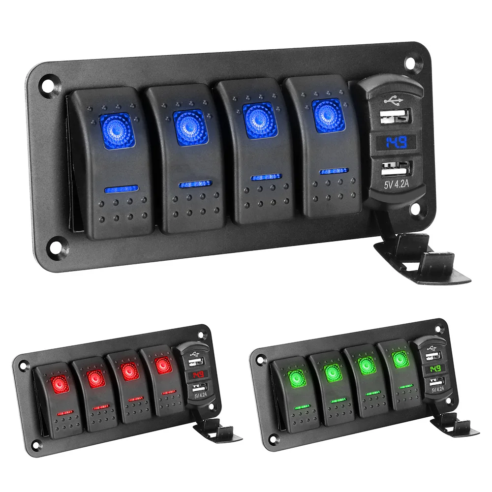 4 Gang Toggle Rocker Switch 12V/24V Digital Voltmeter ON/OFF Outlet Combination Dual USB Port Waterproof