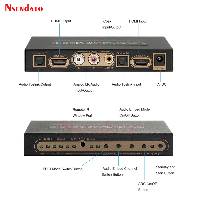 5.1CH 4K HDMI الصوت جزءا لا يتجزأ من النازع مقسم الوصلات البينية متعددة الوسائط وعالية الوضوح (HDMI) التبديل HDMI إلى مستخرج الصوت الجلاد مع قوس البصرية TOSLINK L/R الصوت