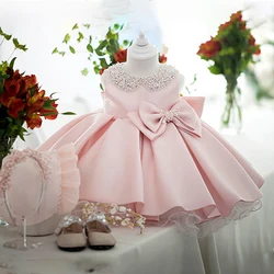 Toddler White Wedding Satin Princess Baby Girl Dress Bow 1 Year Birthday Evening Party Newborn Christening Dress for Girl Clothe