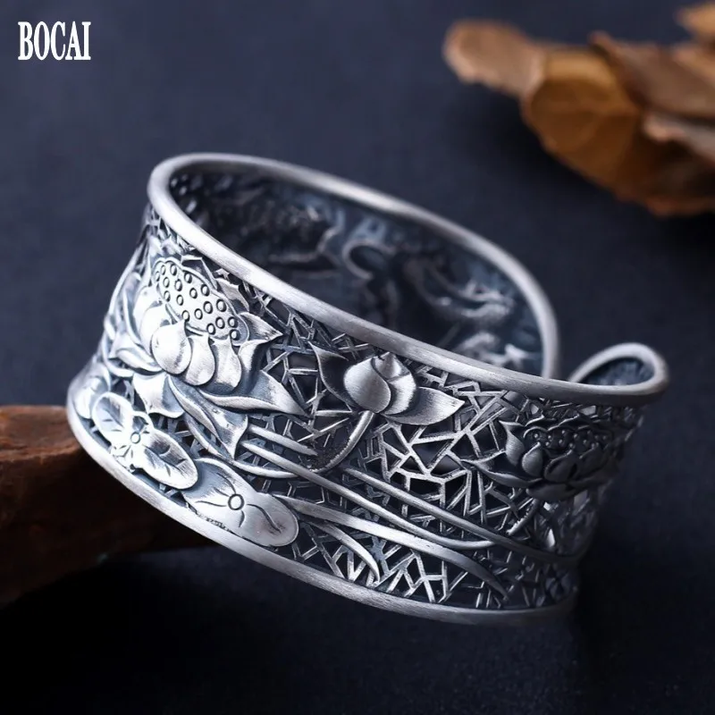 2020 new real s999 pure silver matte female bracelet retro ethnic style wide face carved lotus adjustable bracelet for women