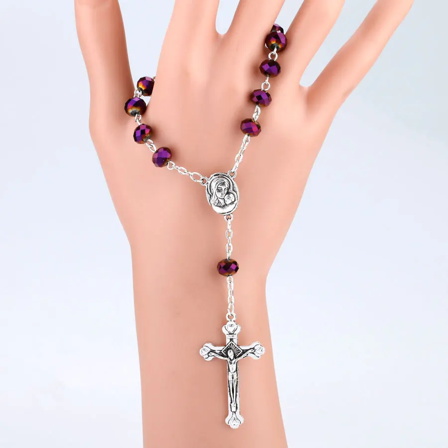 Cross Pendant Necklace Virgin Holy Christ Rosary Necklaces for Women Men Purple Crystal Beaded Catholic Prayer Jewelry Rosaries